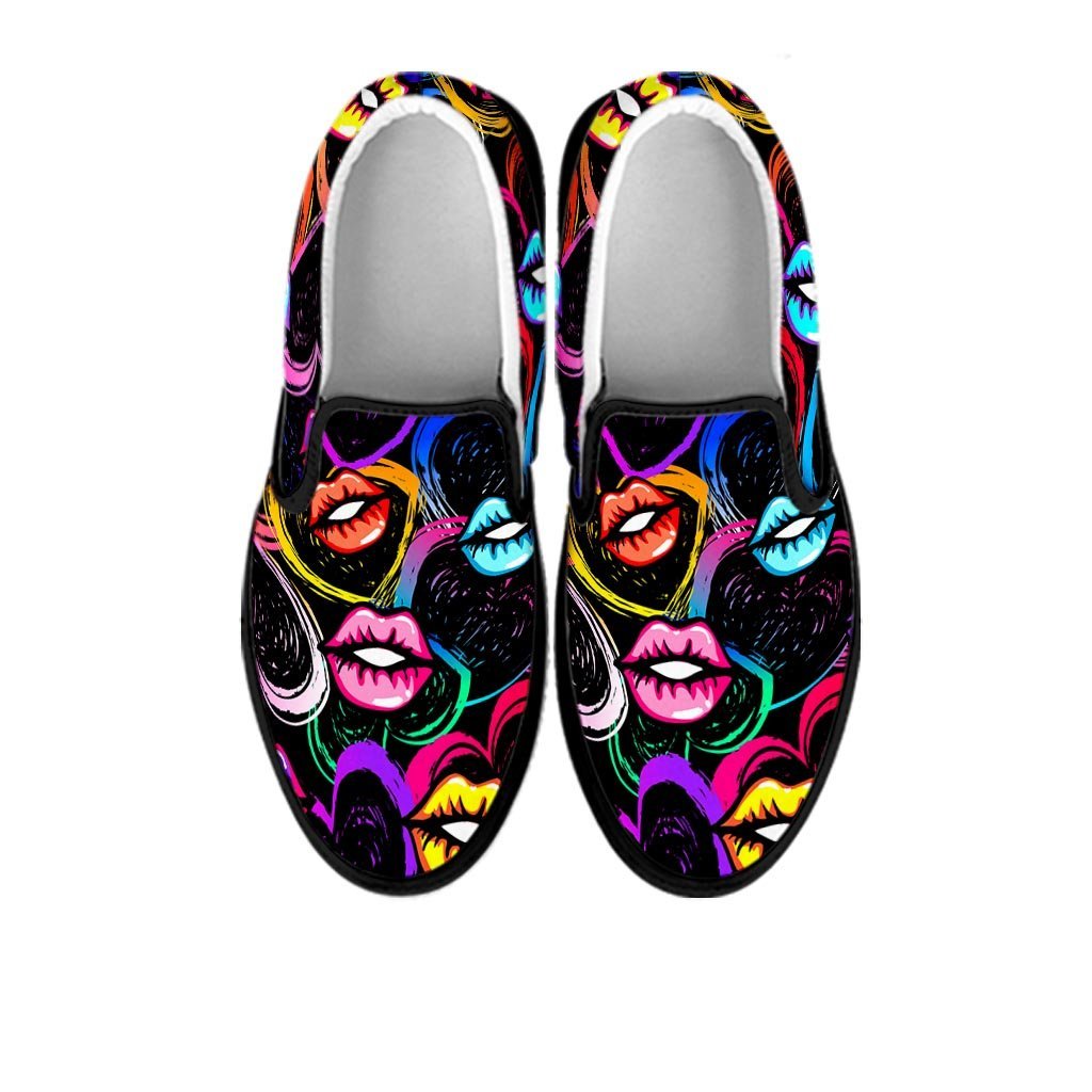 Abstract Lip Graffiti Print Men's Slip On Sneakers-grizzshop