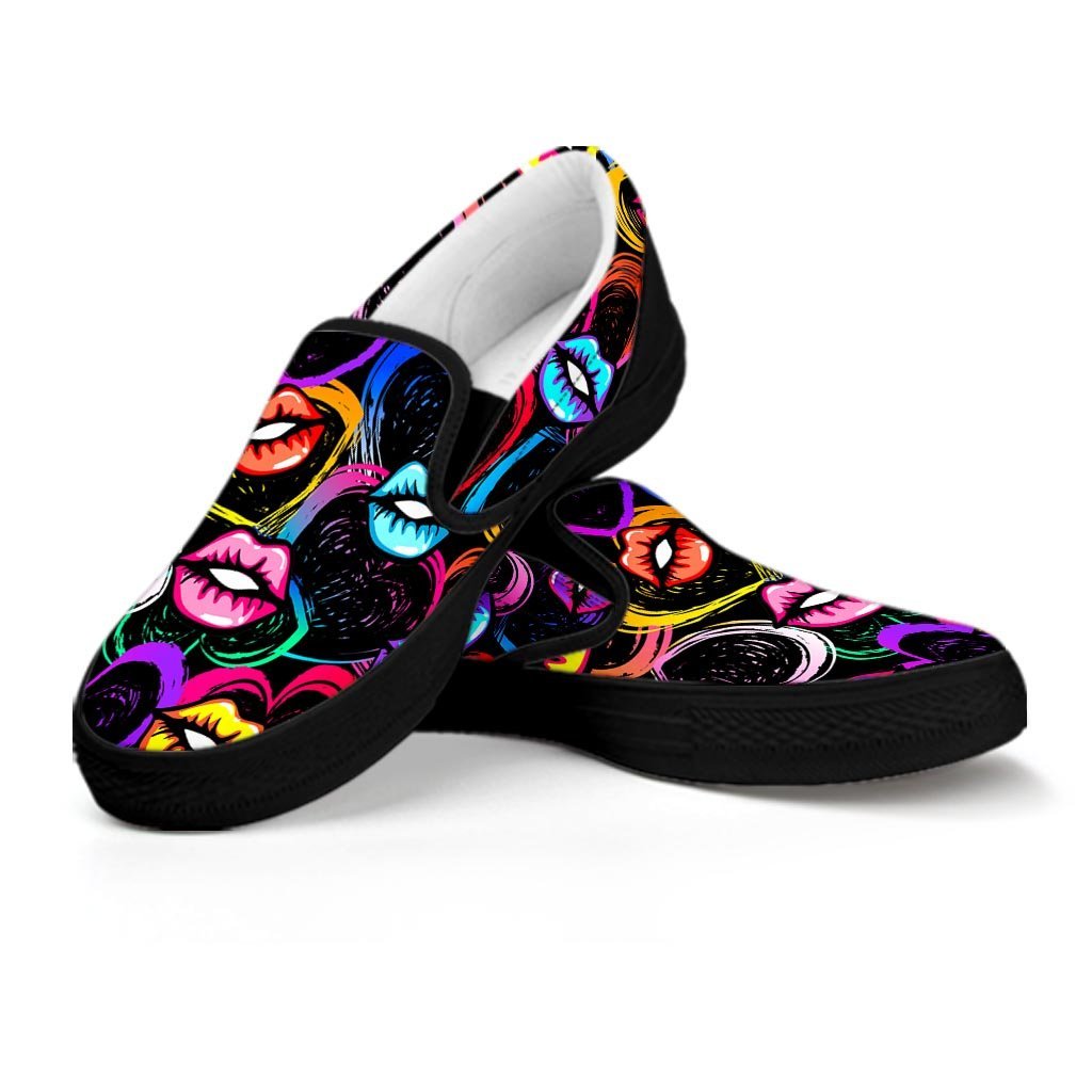 Abstract Lip Graffiti Print Men's Slip On Sneakers-grizzshop