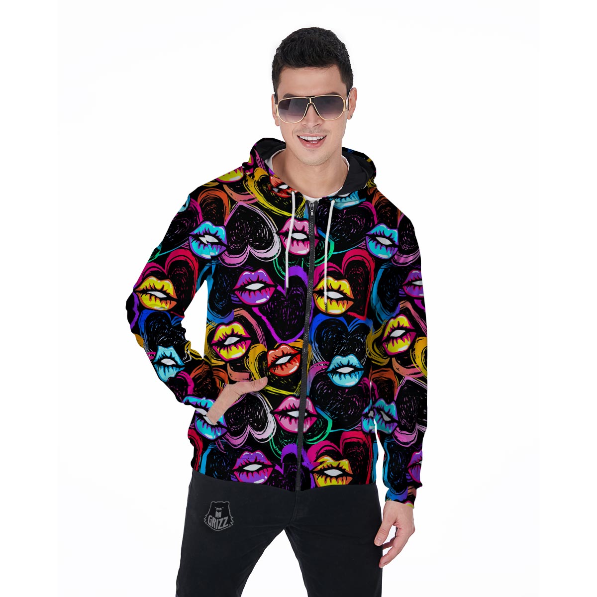 Abstract Lip Graffiti Print Men's Zip Up Hoodie-grizzshop