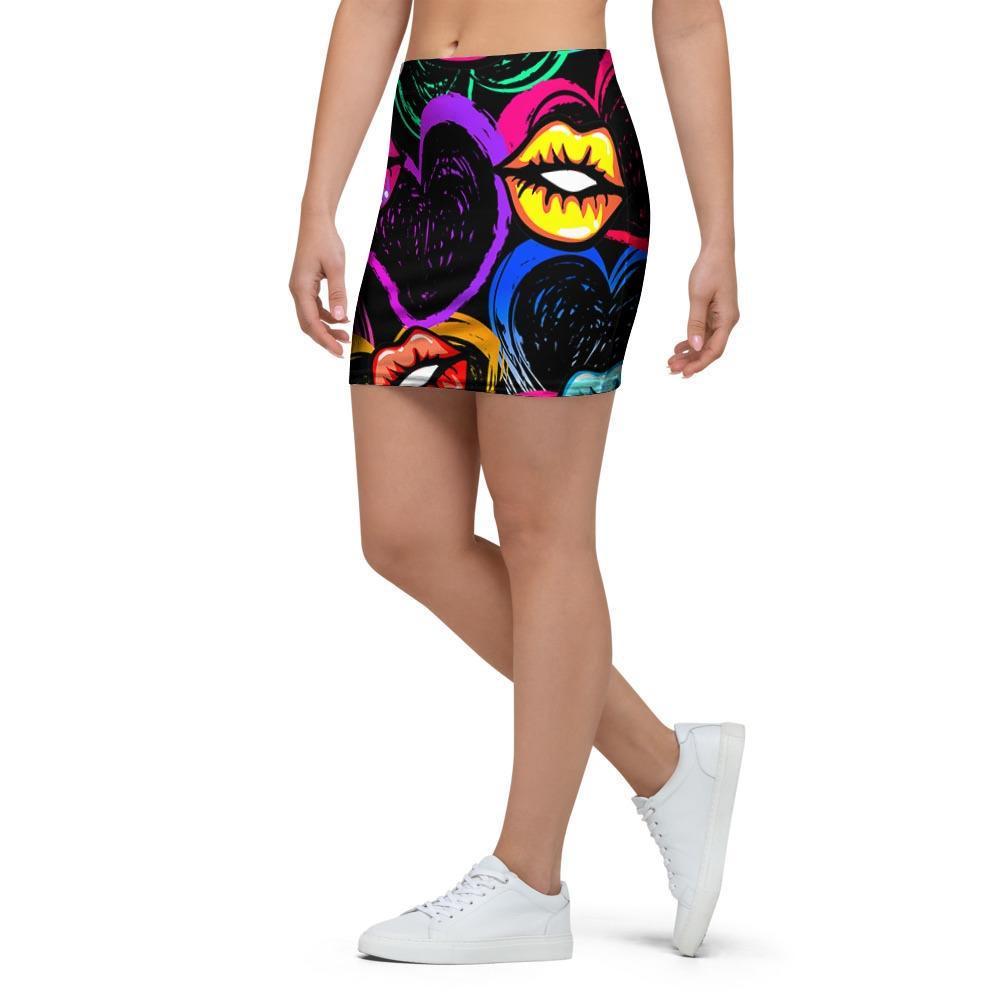 Abstract Lip Graffiti Print Mini Skirt-grizzshop