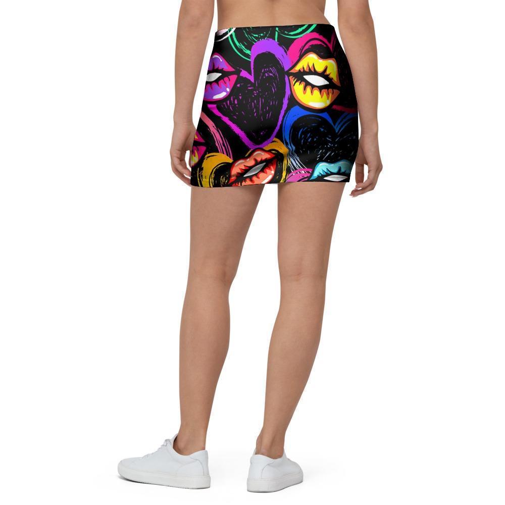 Abstract Lip Graffiti Print Mini Skirt-grizzshop