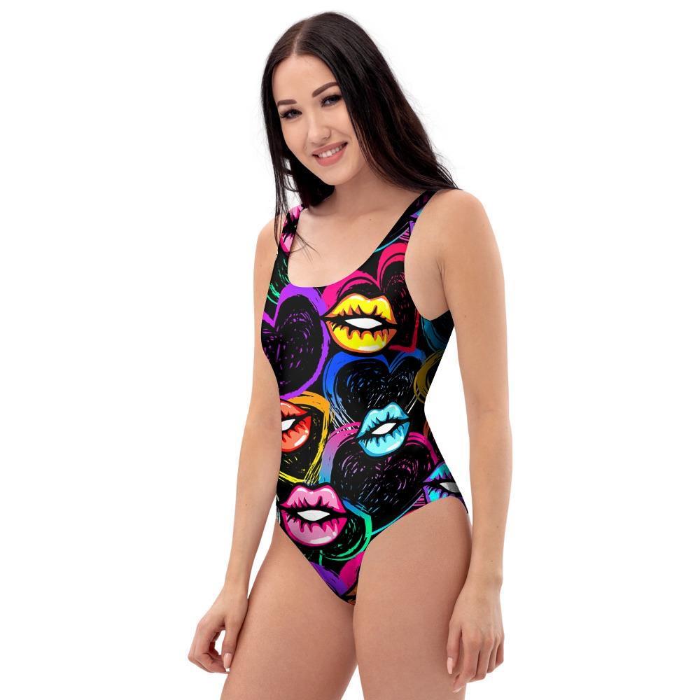 Abstract Lip Graffiti Print One Piece Swimsuite-grizzshop