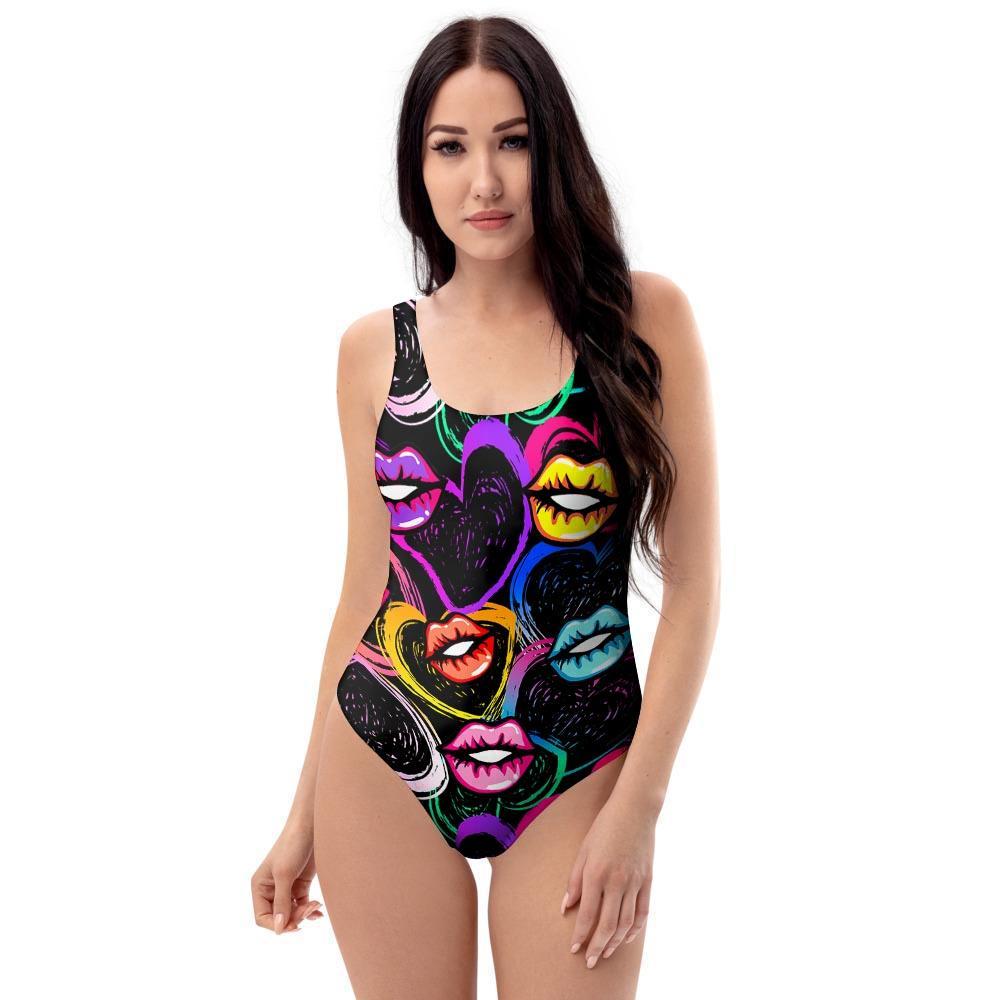 Abstract Lip Graffiti Print One Piece Swimsuite-grizzshop