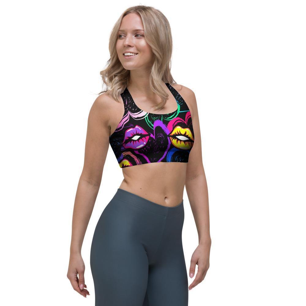 Abstract Lip Graffiti Print Sports Bra-grizzshop