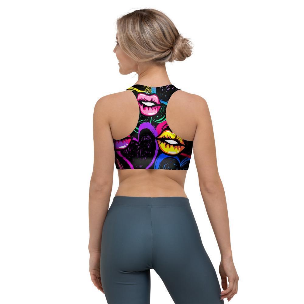 Abstract Lip Graffiti Print Sports Bra-grizzshop