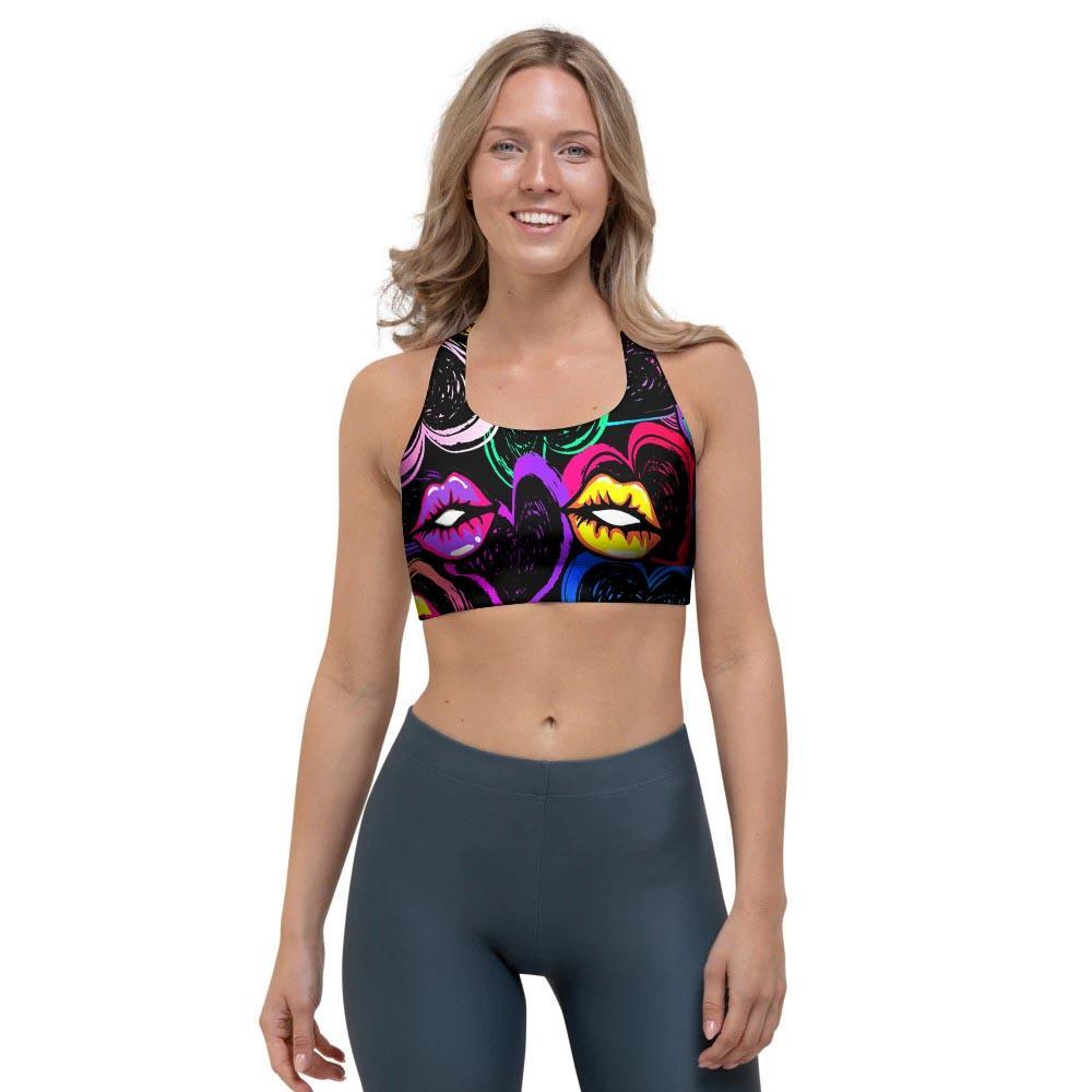 Abstract Lip Graffiti Print Sports Bra-grizzshop