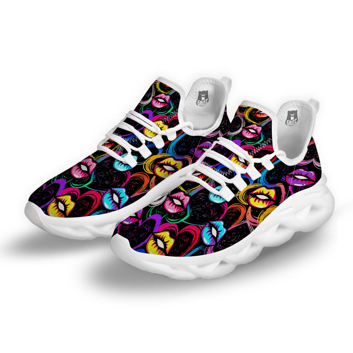 Abstract Lip Graffiti Print White Running Shoes-grizzshop