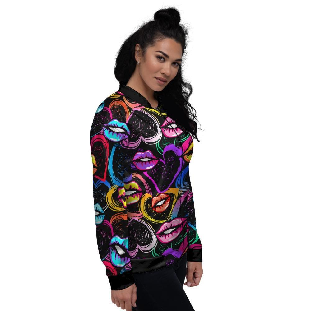 Abstract Lip Graffiti Print Women's Bomber Jacket-grizzshop