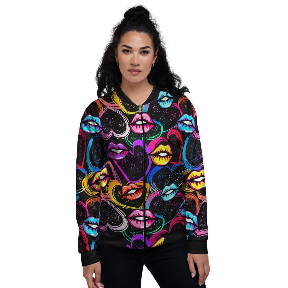 Abstract Lip Graffiti Print Women's Bomber Jacket-grizzshop