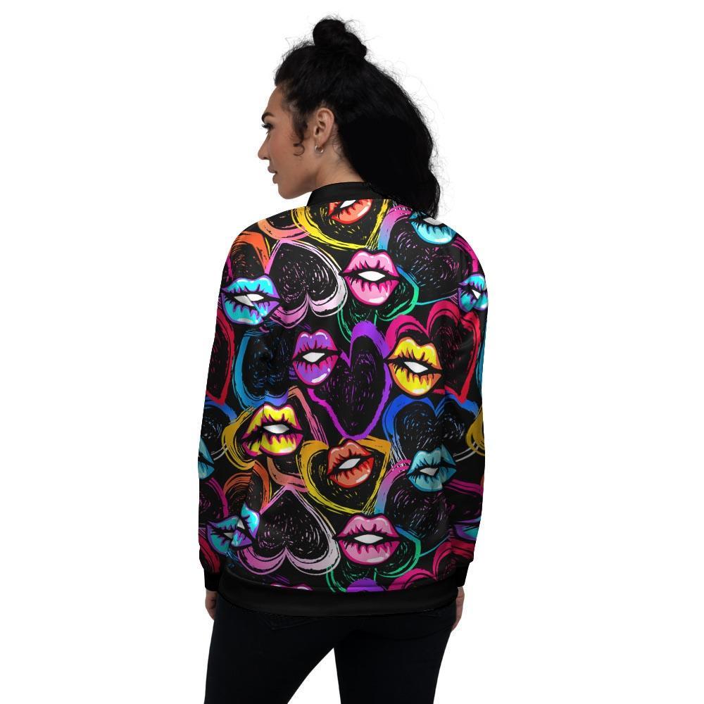 Abstract Lip Graffiti Print Women's Bomber Jacket-grizzshop