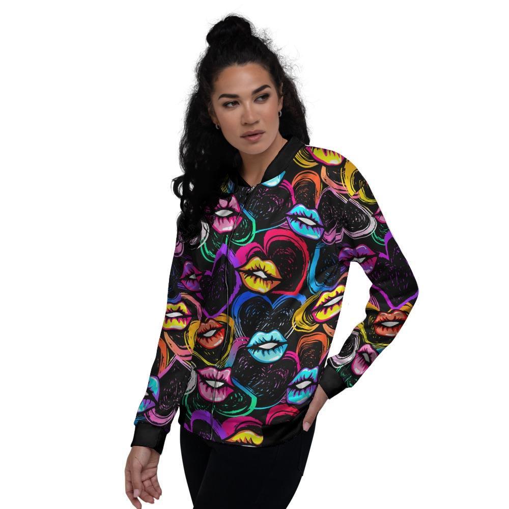 Abstract Lip Graffiti Print Women's Bomber Jacket-grizzshop