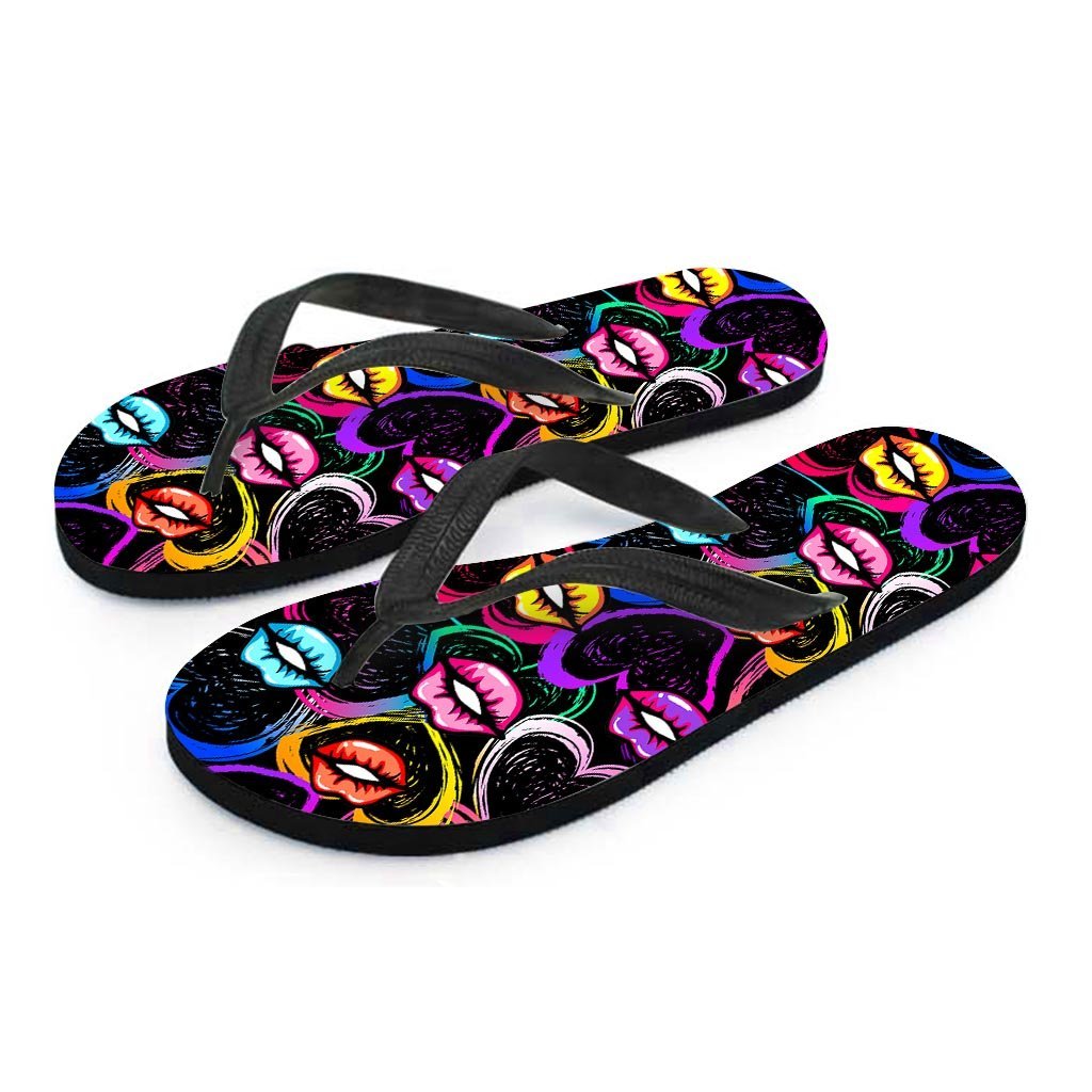 Abstract Lip Graffiti Print Women's Flip Flops-grizzshop