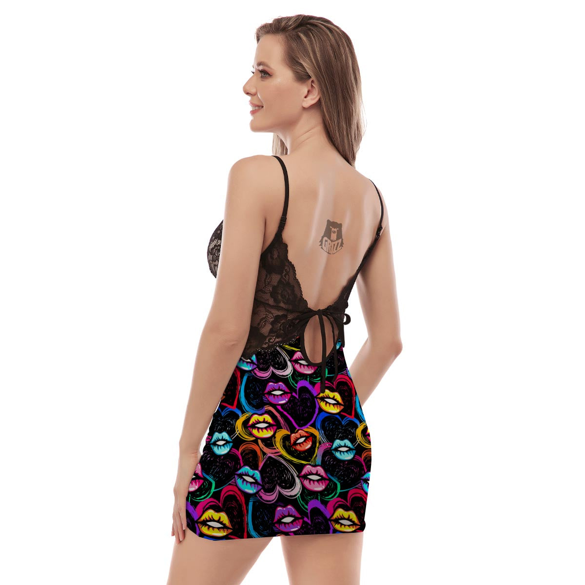 Abstract Lip Graffiti Print Women's Sexy Night Dress-grizzshop