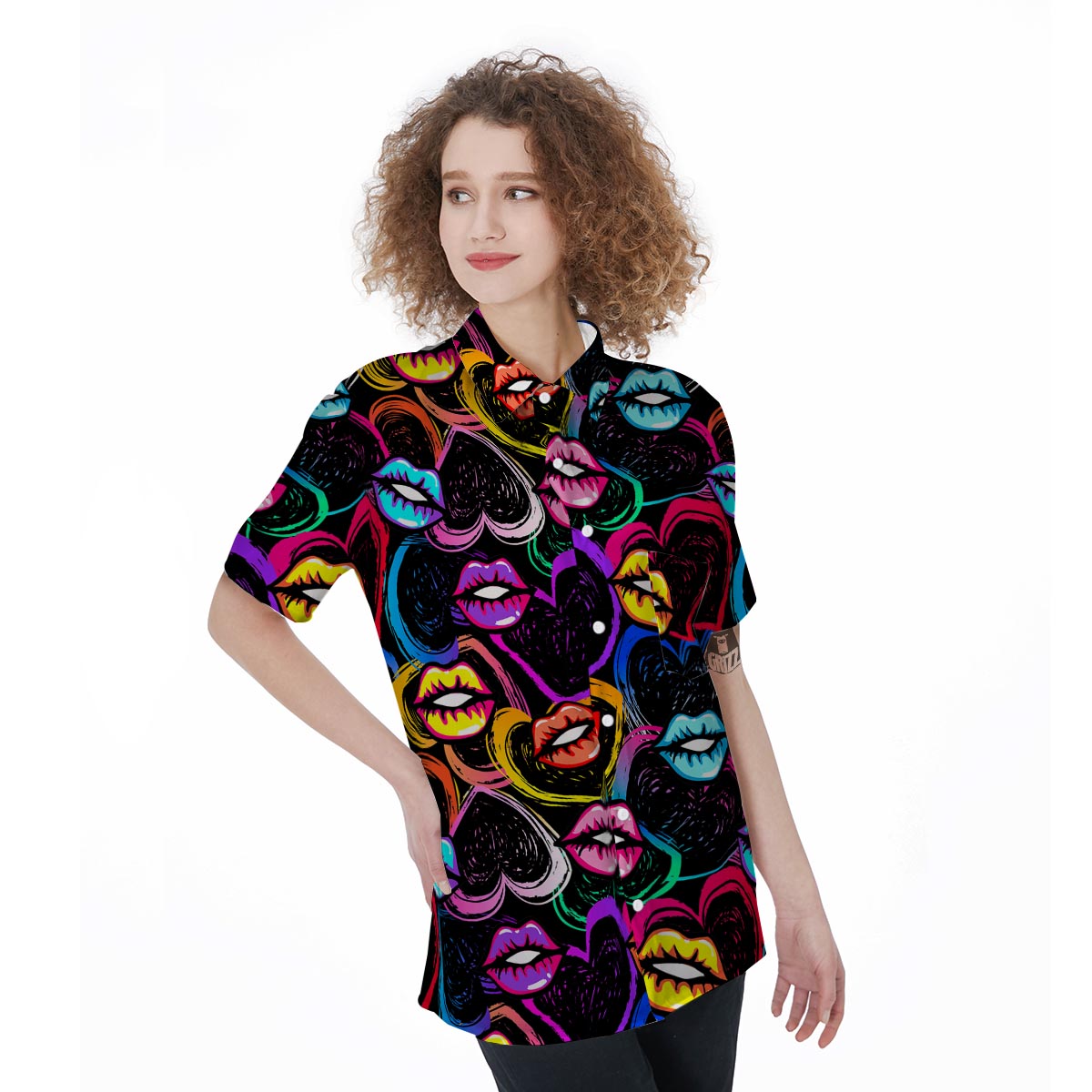 Abstract Lip Graffiti Print Women's Short Sleeve Shirts-grizzshop