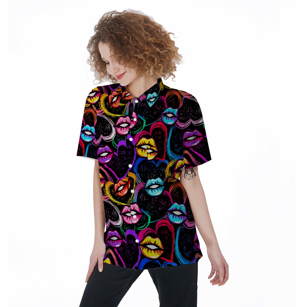 Abstract Lip Graffiti Print Women's Short Sleeve Shirts-grizzshop