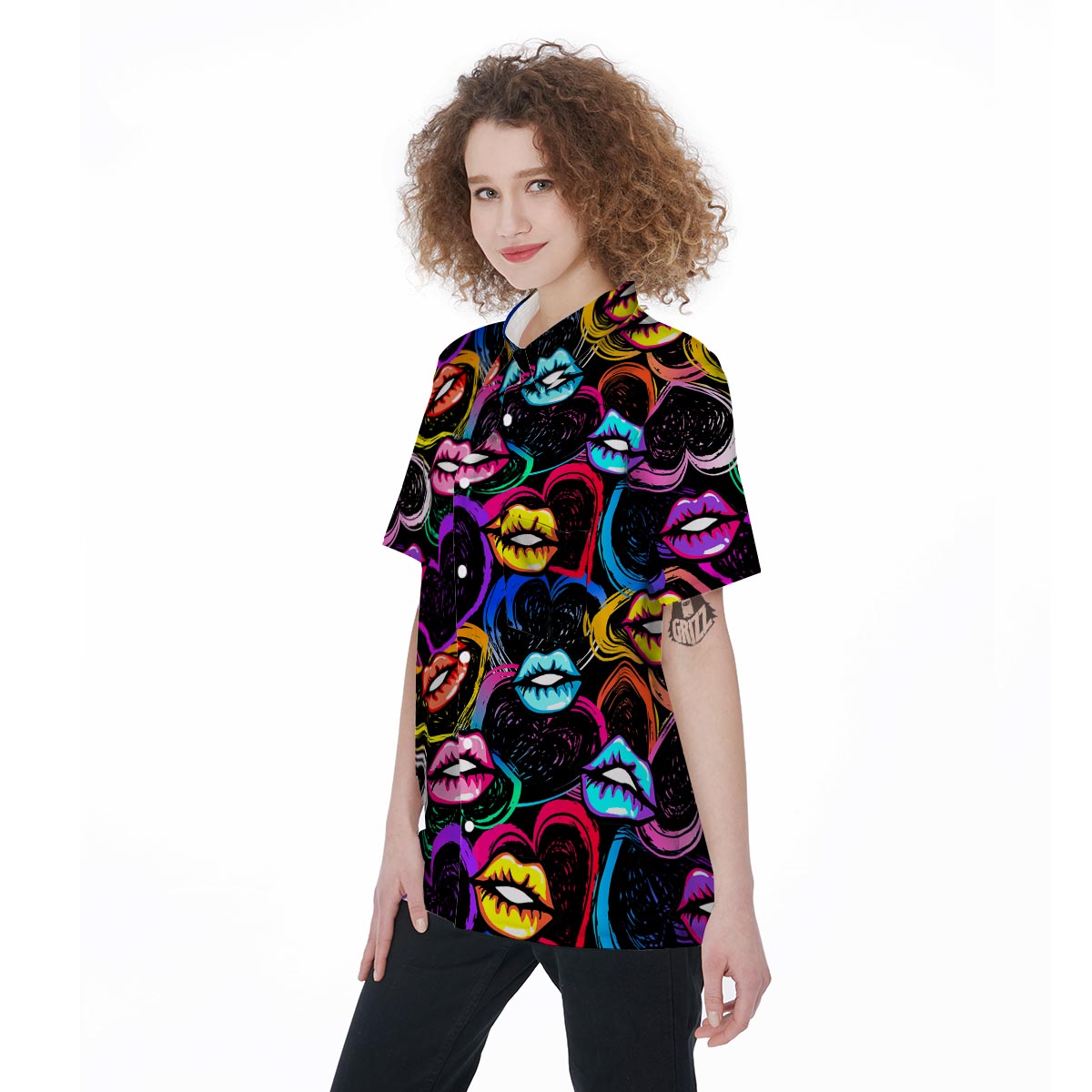 Abstract Lip Graffiti Print Women's Short Sleeve Shirts-grizzshop