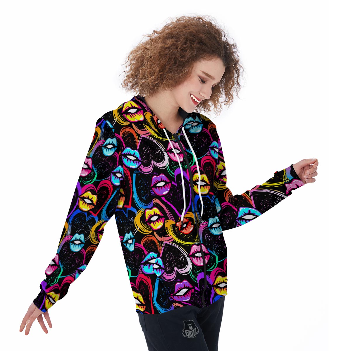 Abstract Lip Graffiti Print Women's Zip Up Hoodie-grizzshop