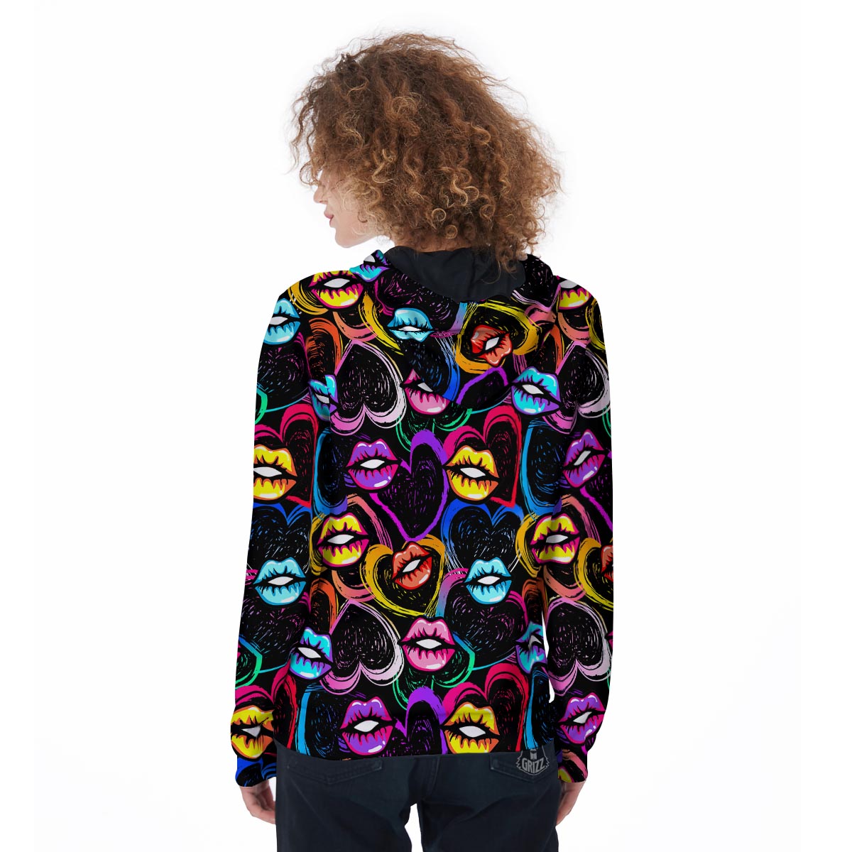 Abstract Lip Graffiti Print Women's Zip Up Hoodie-grizzshop