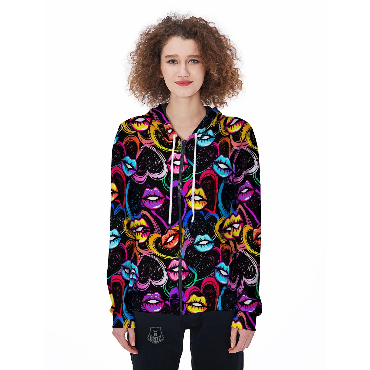 Abstract Lip Graffiti Print Women's Zip Up Hoodie-grizzshop