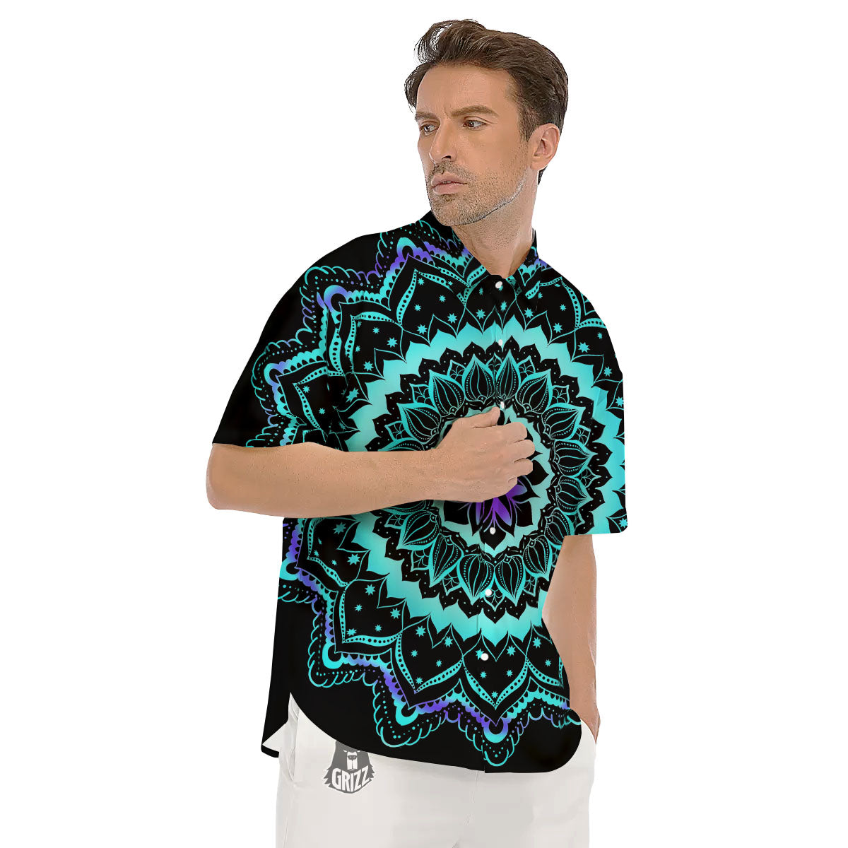 Abstract Mandala Teal And Purple Print Men's Short Sleeve Shirts-grizzshop