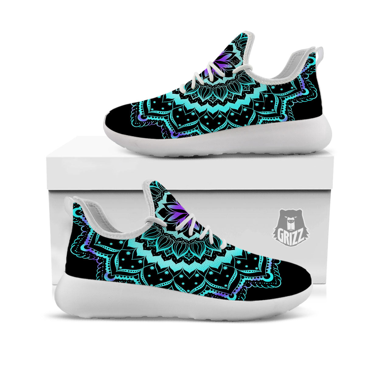 Abstract Mandala Teal And Purple Print White Athletic Shoes-grizzshop