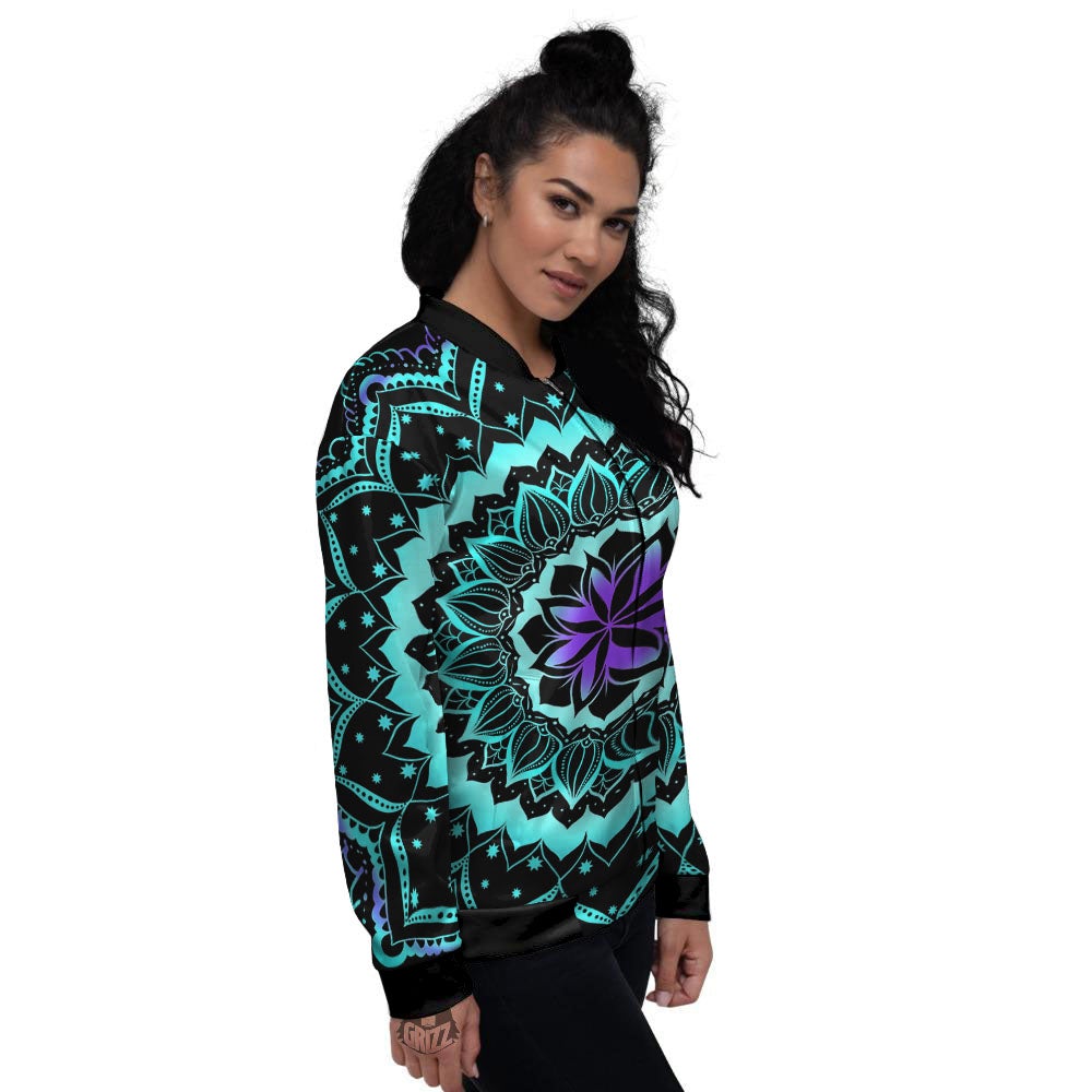 Abstract Mandala Teal And Purple Print Women's Bomber Jacket-grizzshop