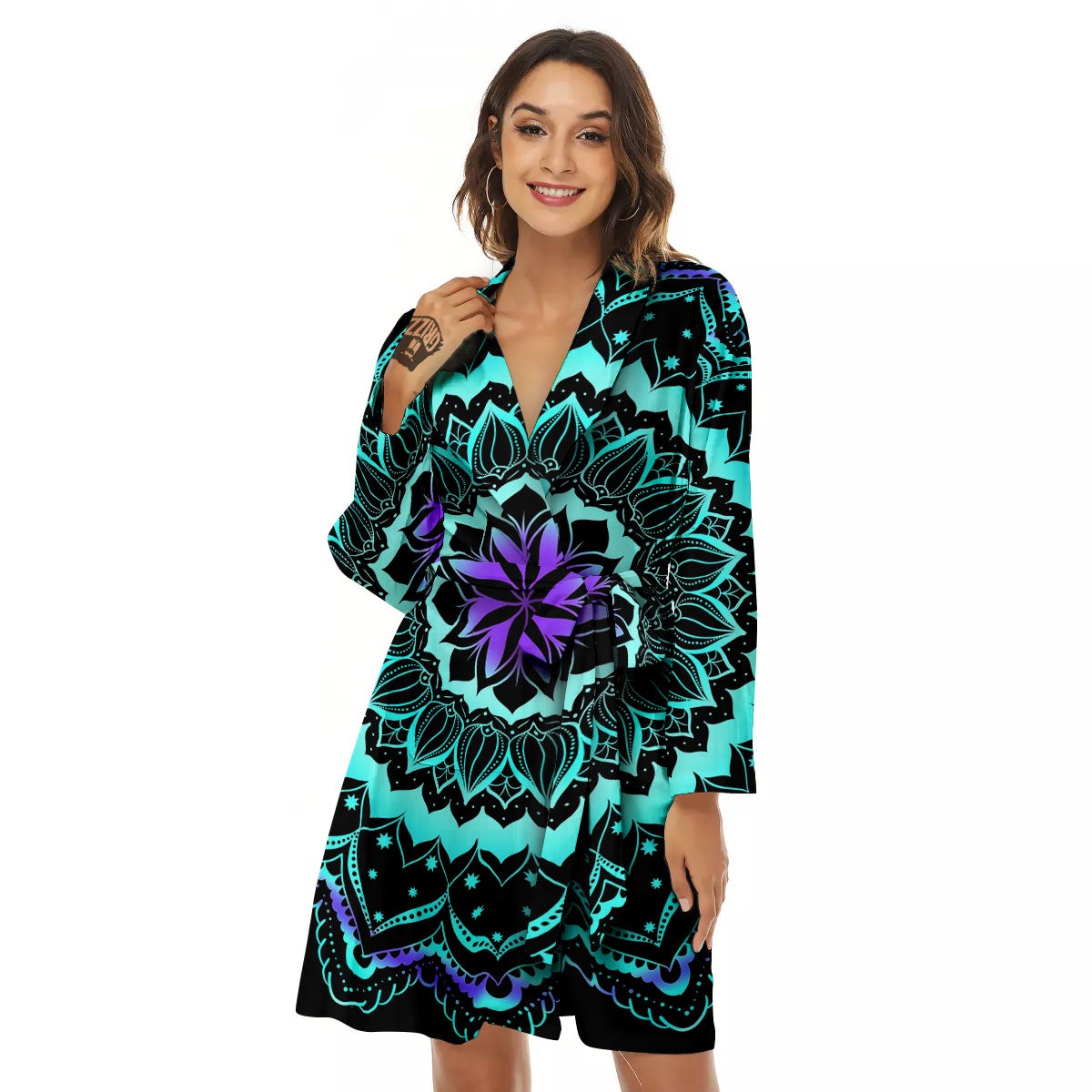 Abstract Mandala Teal And Purple Print Women's Robe-grizzshop
