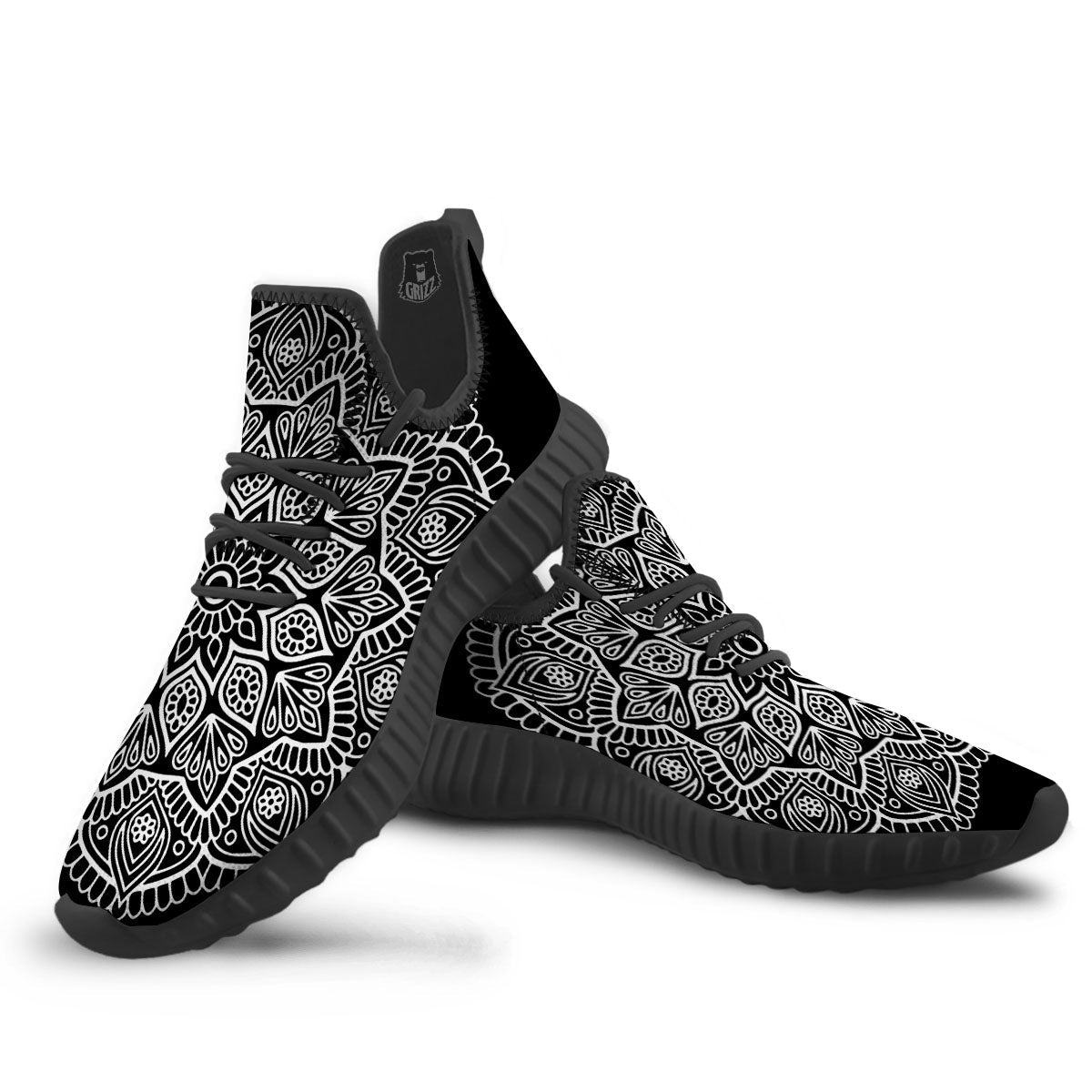 Abstract Mandala White And Black Print Black Walking Shoes-grizzshop