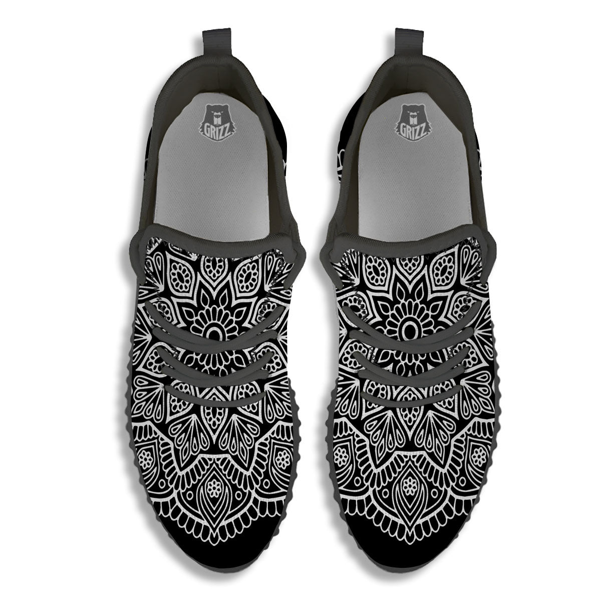 Abstract Mandala White And Black Print Black Walking Shoes-grizzshop