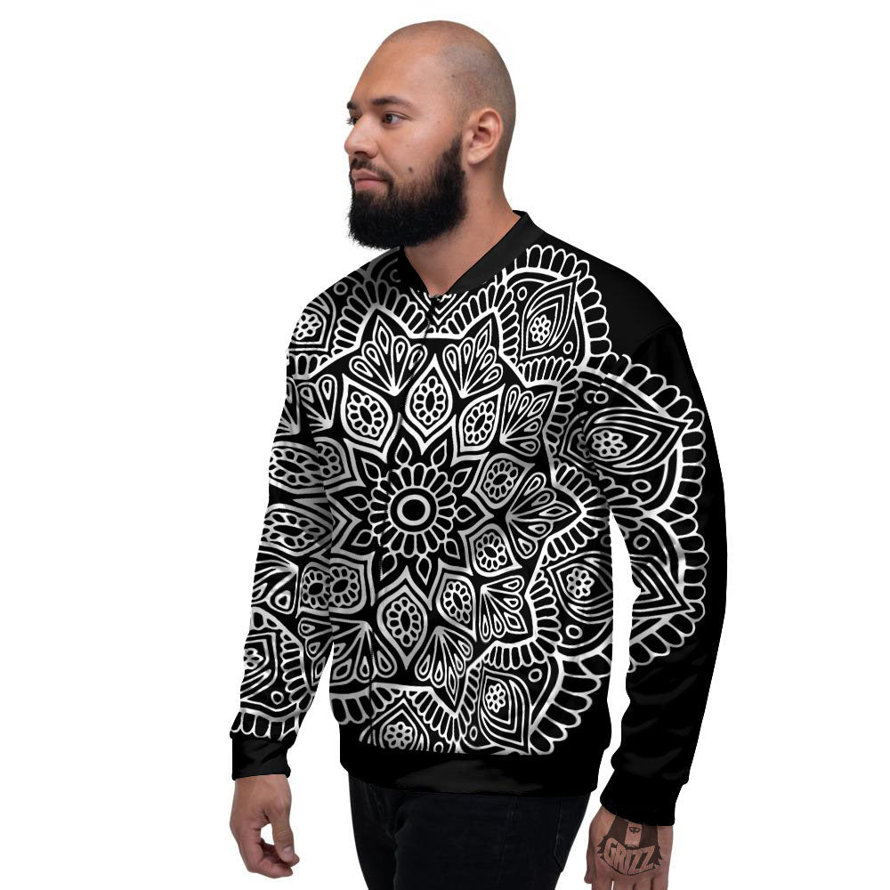 Abstract Mandala White And Black Print Men's Bomber Jacket-grizzshop