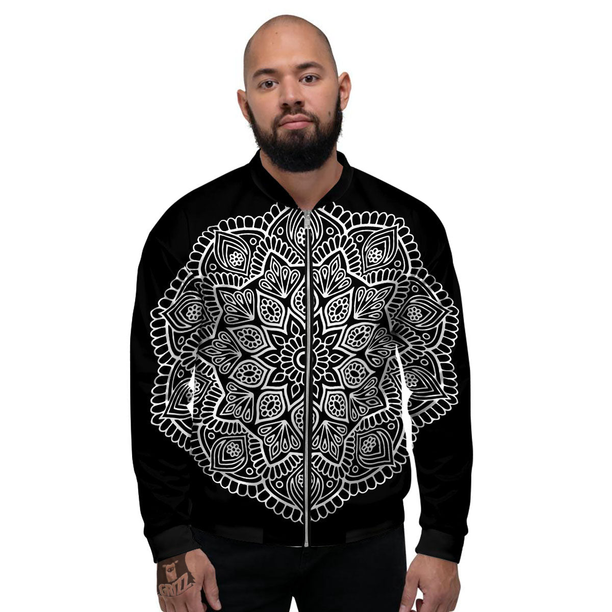Abstract Mandala White And Black Print Men's Bomber Jacket-grizzshop