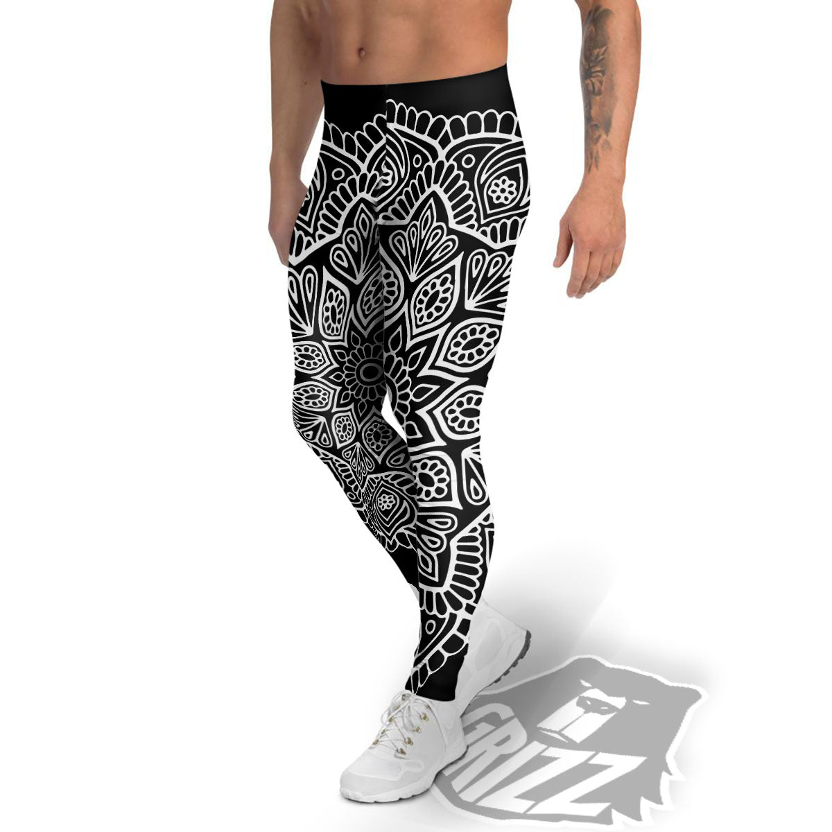 Abstract Mandala White And Black Print Men's Leggings-grizzshop