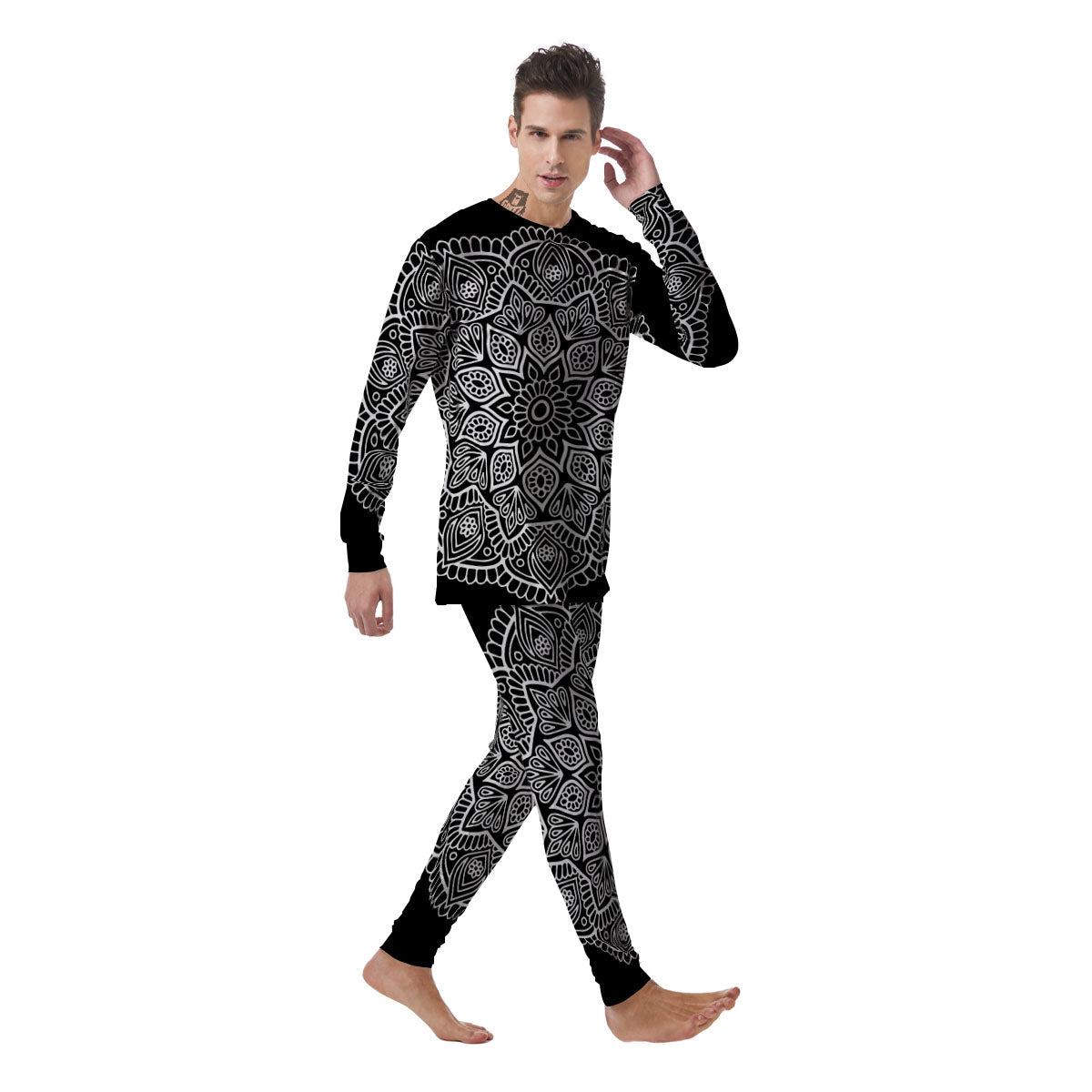 Abstract Mandala White And Black Print Men's Pajamas-grizzshop