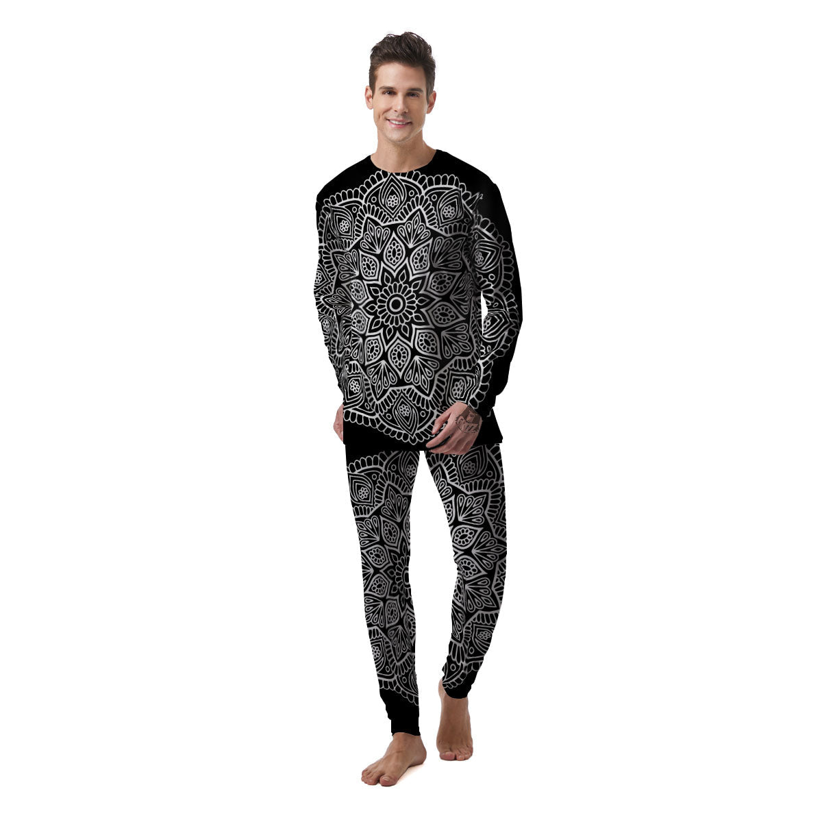 Abstract Mandala White And Black Print Men's Pajamas-grizzshop