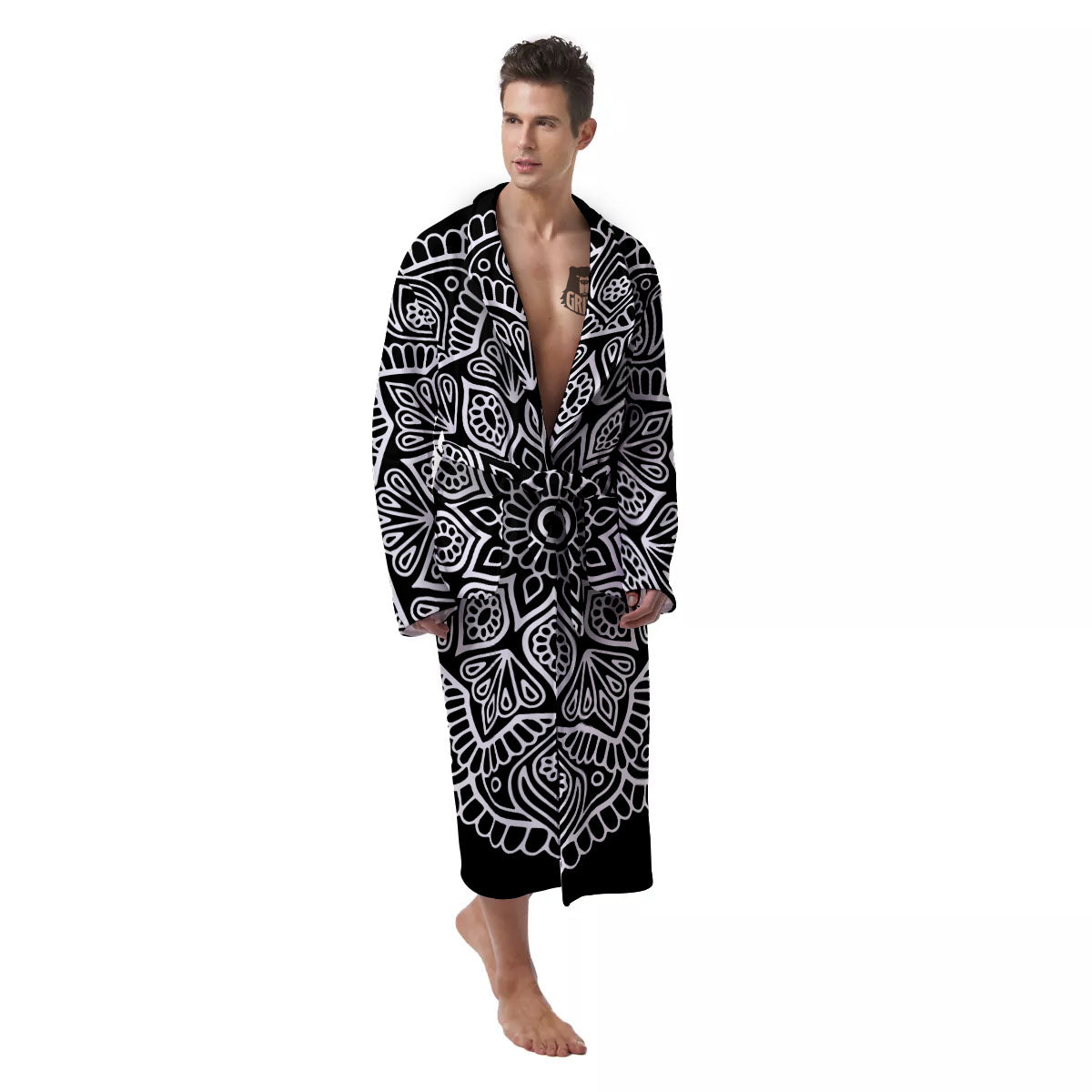 Abstract Mandala White And Black Print Men's Robe-grizzshop