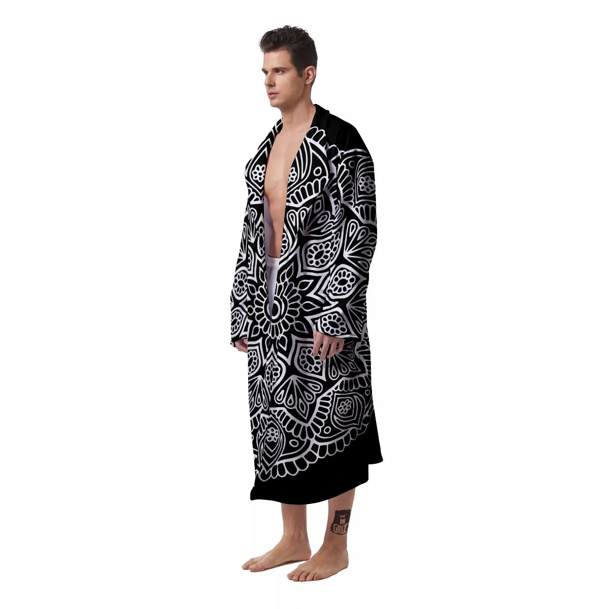 Abstract Mandala White And Black Print Men's Robe-grizzshop