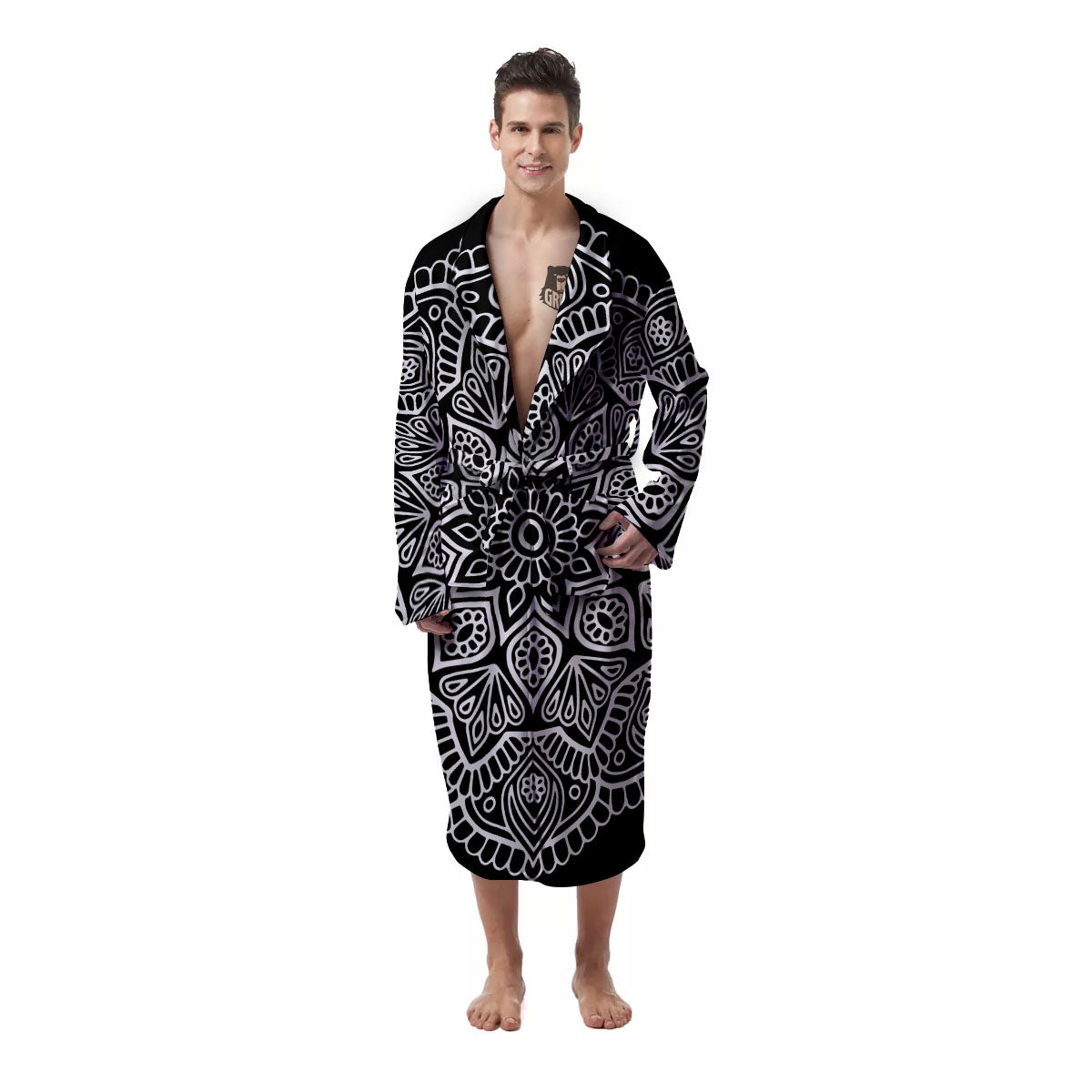 Abstract Mandala White And Black Print Men's Robe-grizzshop