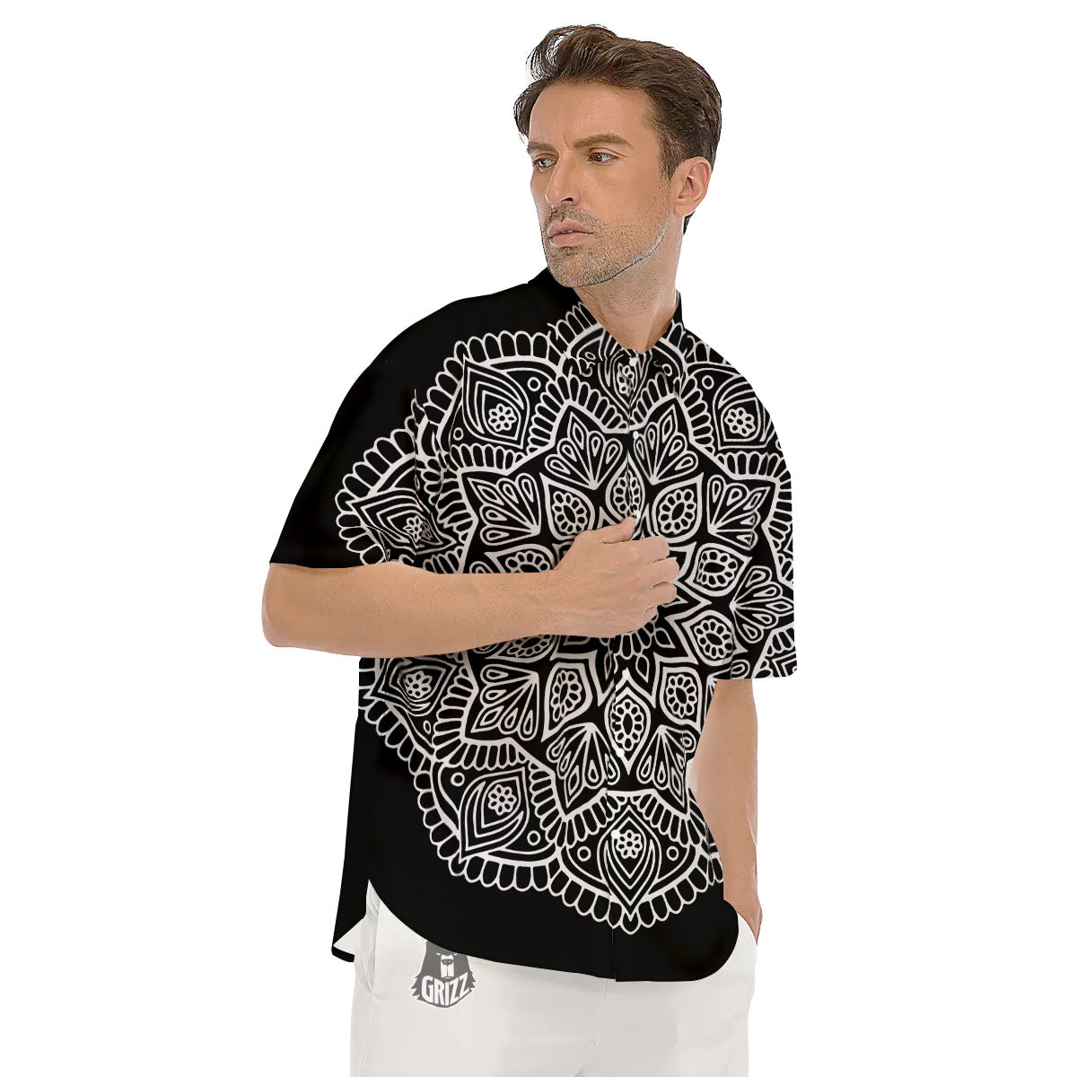 Abstract Mandala White And Black Print Men's Short Sleeve Shirts-grizzshop