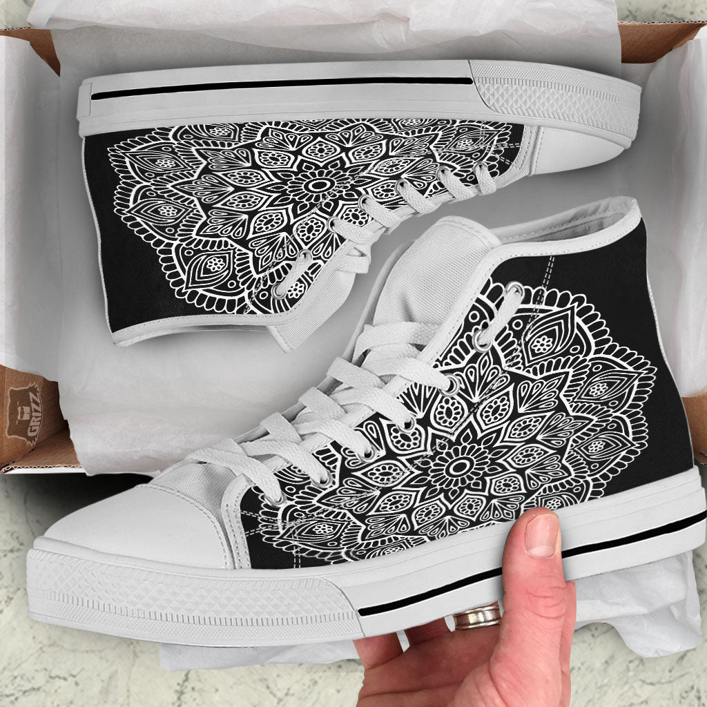 Abstract Mandala White And Black Print White High Top Shoes-grizzshop