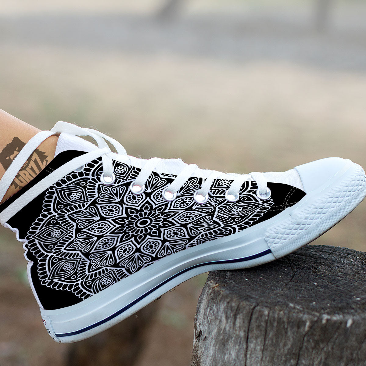 Abstract Mandala White And Black Print White High Top Shoes-grizzshop