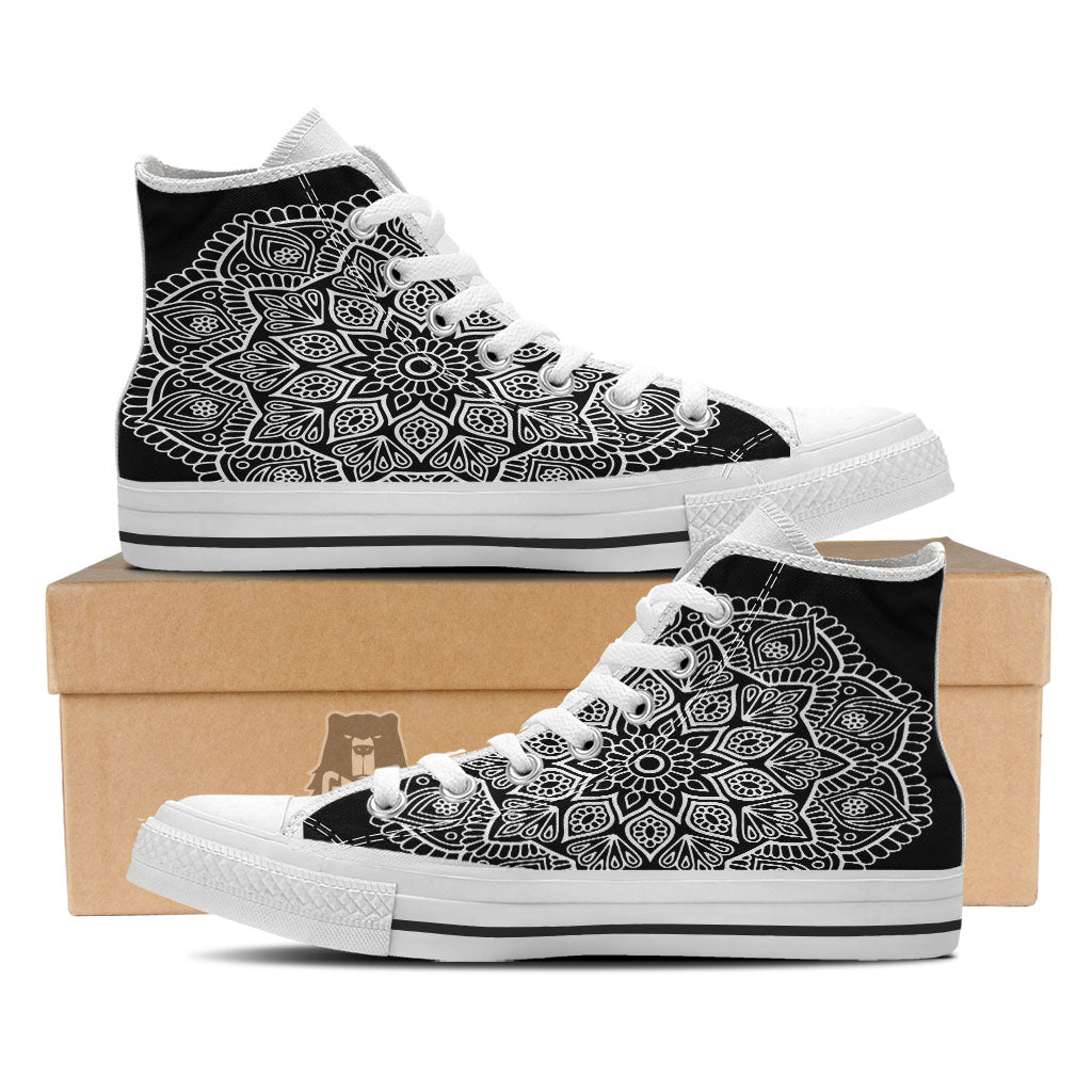 Abstract Mandala White And Black Print White High Top Shoes-grizzshop