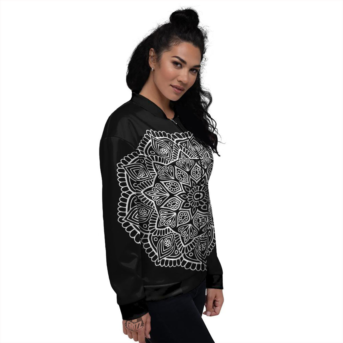 Abstract Mandala White And Black Print Women's Bomber Jacket-grizzshop