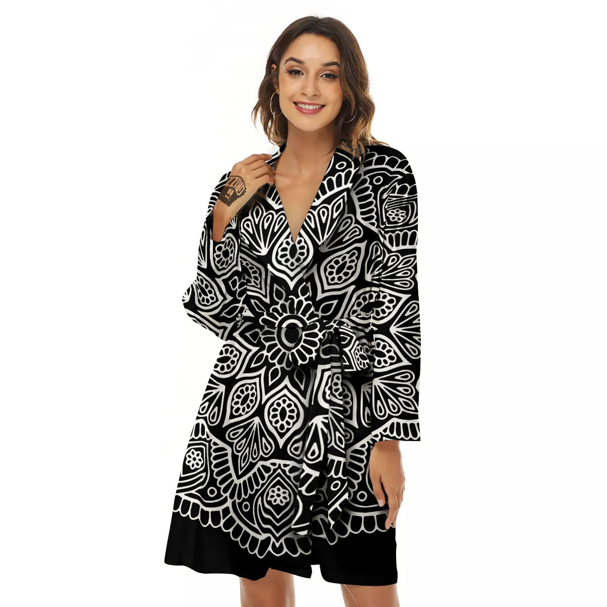 Abstract Mandala White And Black Print Women's Robe-grizzshop