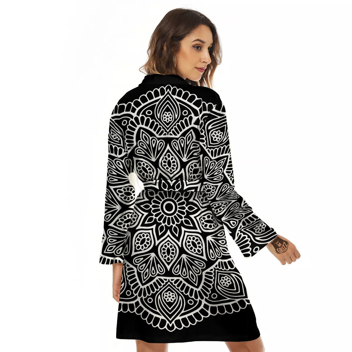 Abstract Mandala White And Black Print Women's Robe-grizzshop