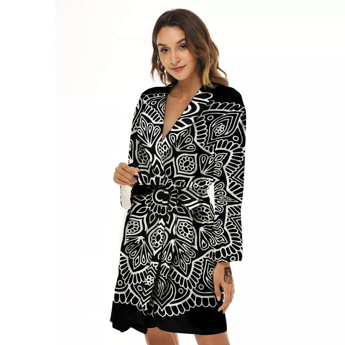 Abstract Mandala White And Black Print Women's Robe-grizzshop