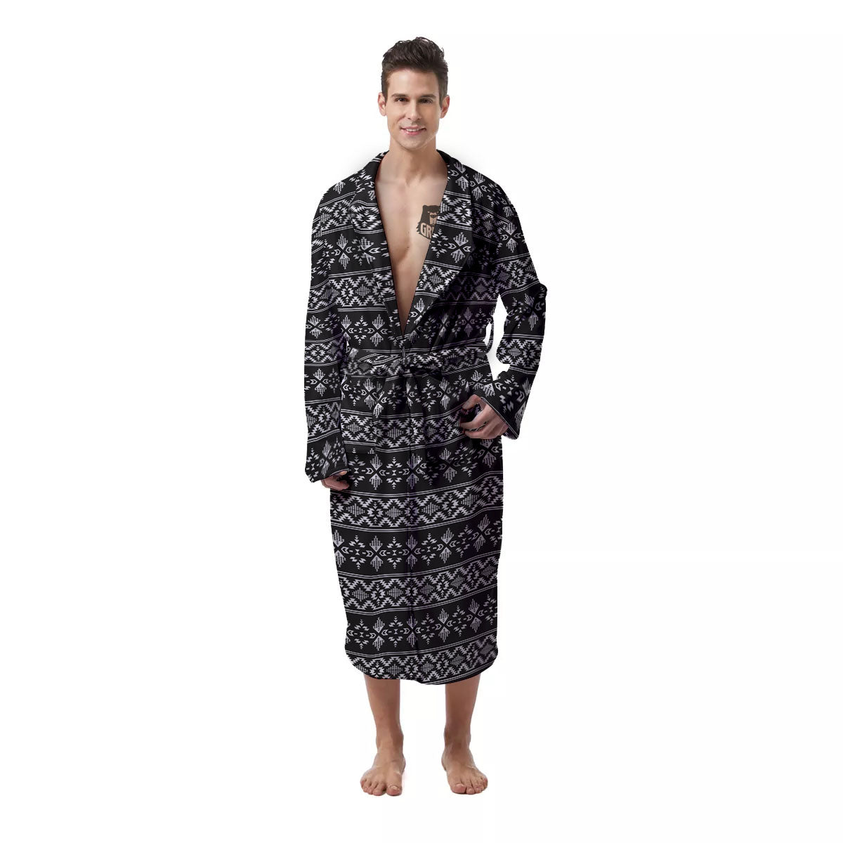 Abstract Navajo White And Black Print Men's Robe-grizzshop