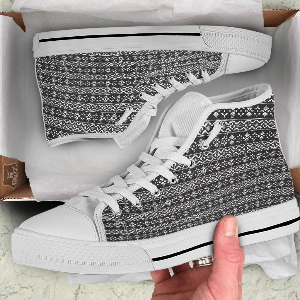 Abstract Navajo White And Black Print White High Top Shoes-grizzshop
