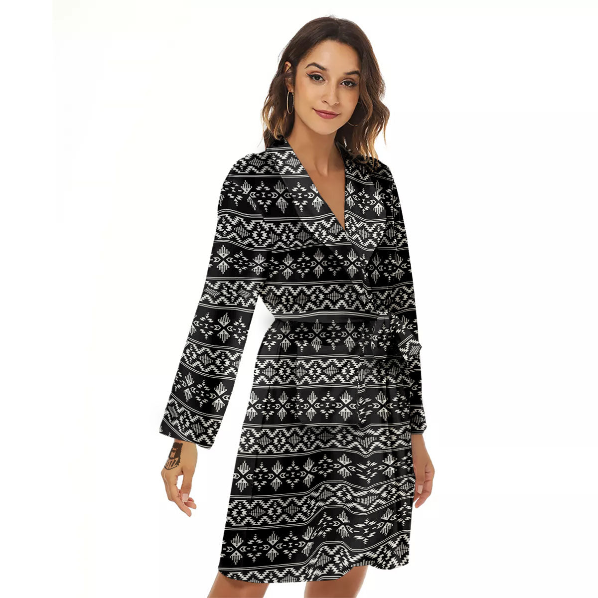 Abstract Navajo White And Black Print Women's Robe-grizzshop