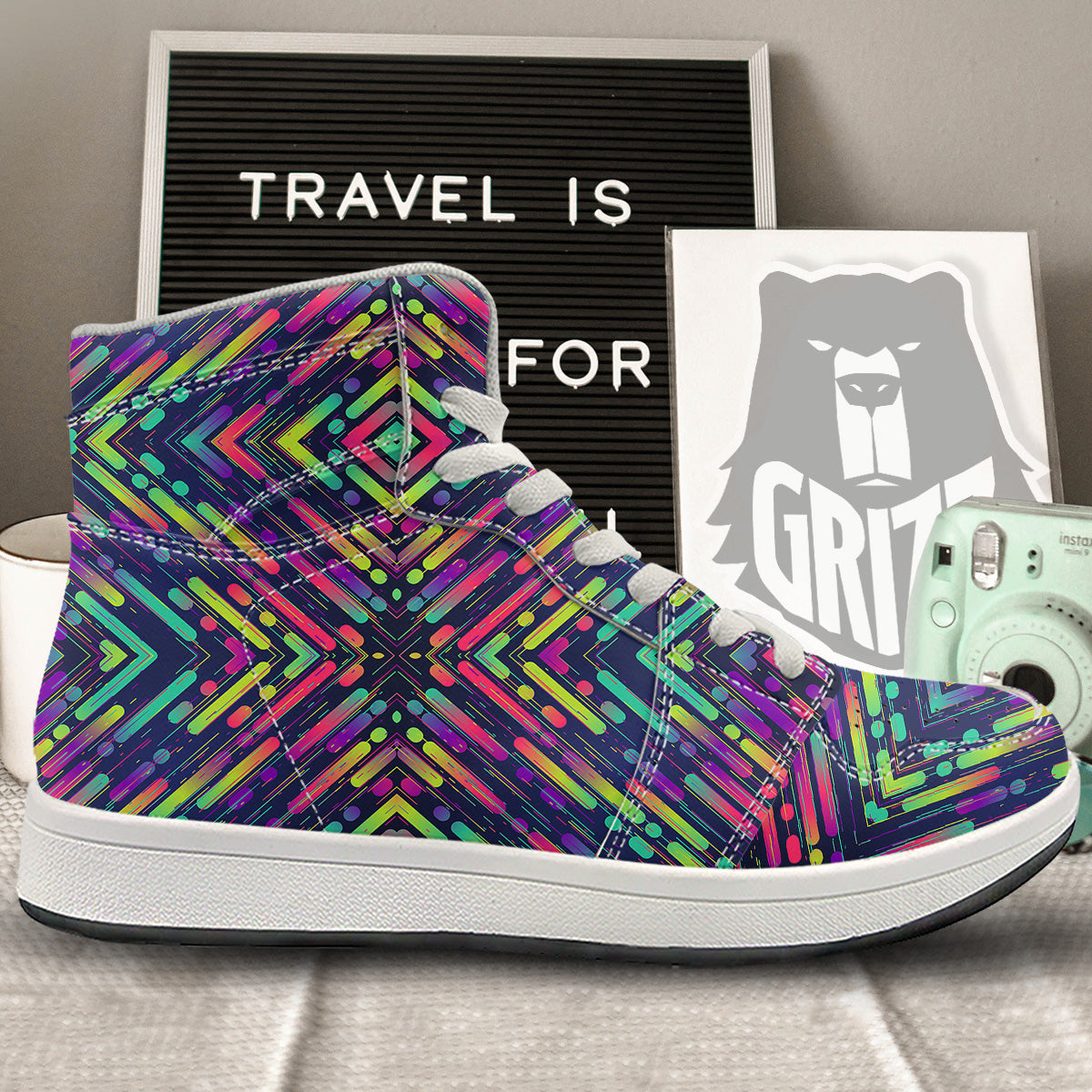 Abstract Neon Colorful Stripes Print Pattern High Top Sneakers-grizzshop