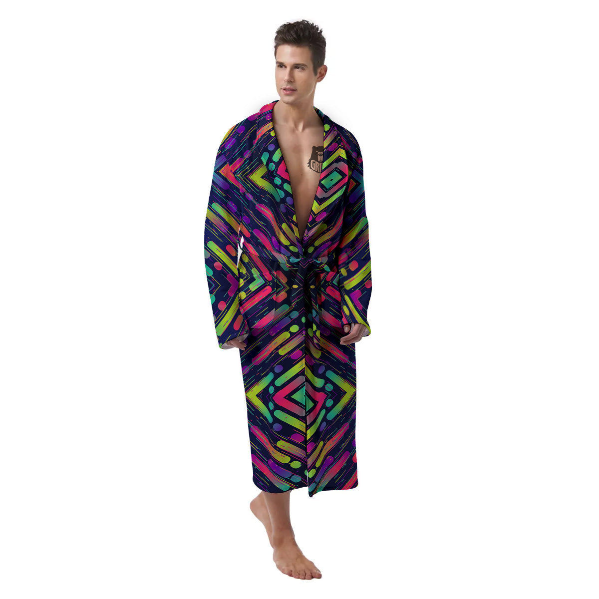Abstract Neon Colorful Stripes Print Pattern Men's Robe-grizzshop
